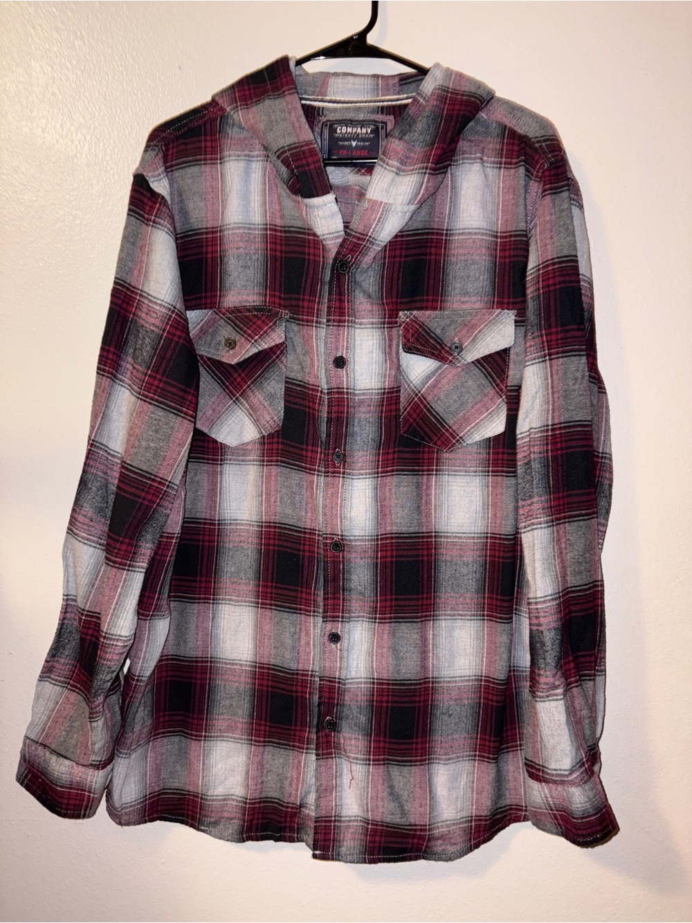 Mens Hooded Plaid Button-Down Shirt - Black, Gray & Red